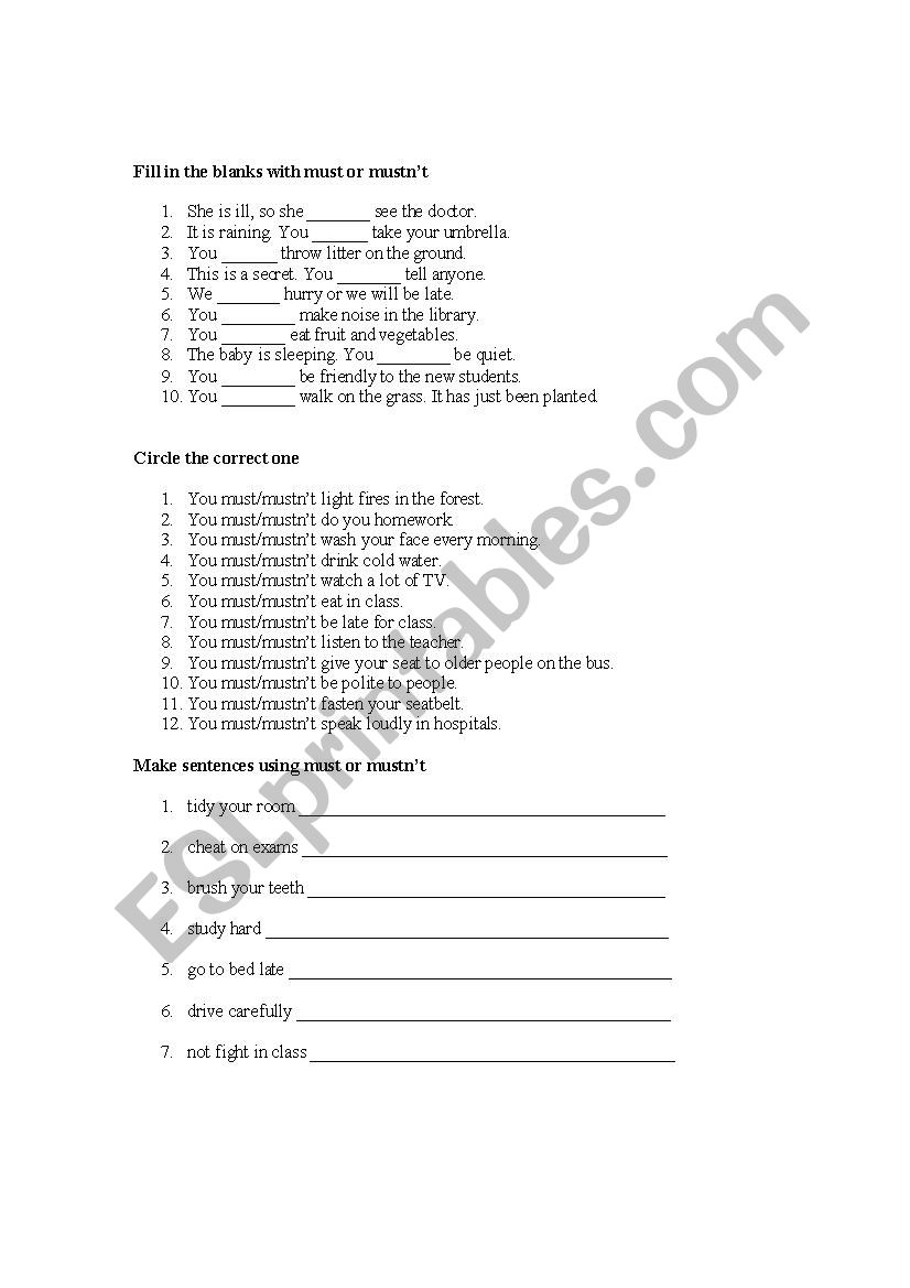 must/ mustn´t worksheet worksheet