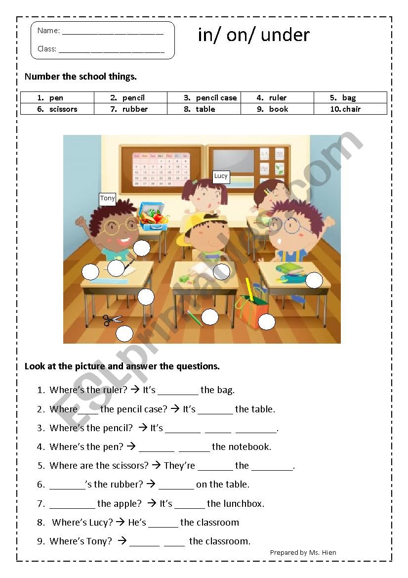 IN/ ON/ UNDER & SCHOOL THINGS WORKSHEET 