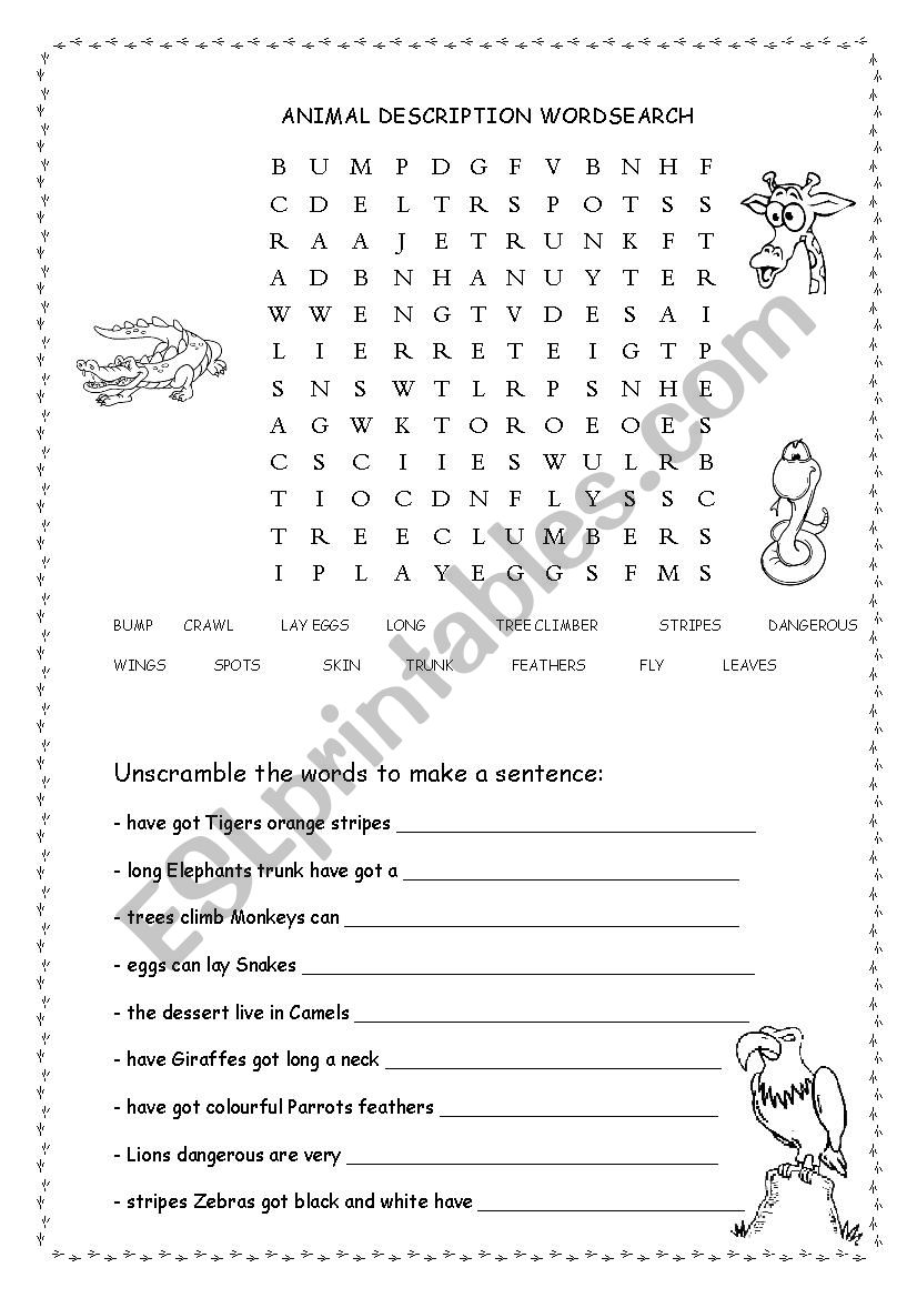 Animal description wordsearch worksheet