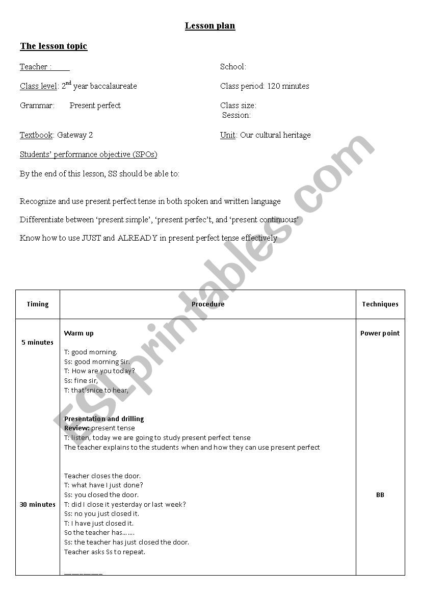 Lesson plan for teaching Present perfect tense