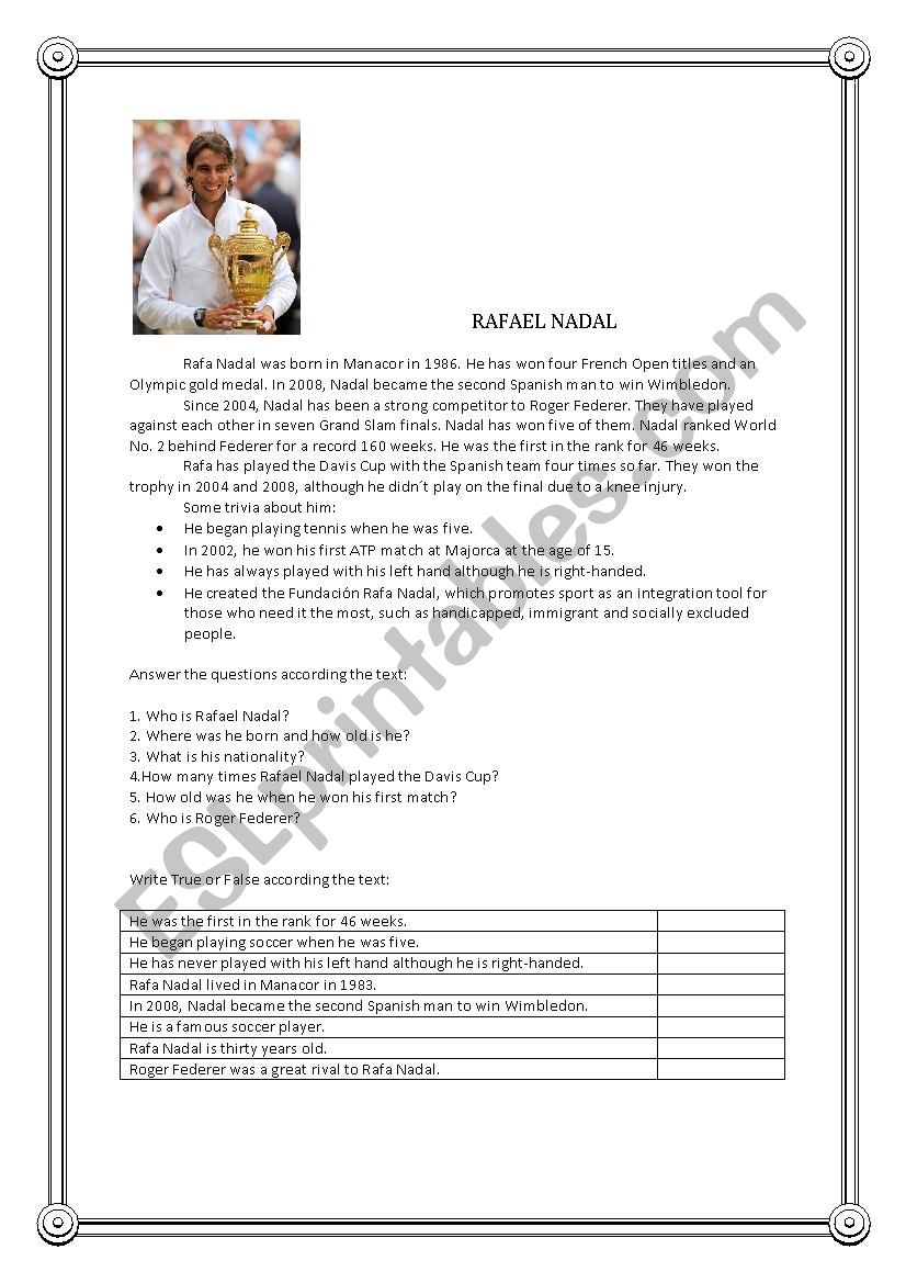 Rafael Nadal worksheet