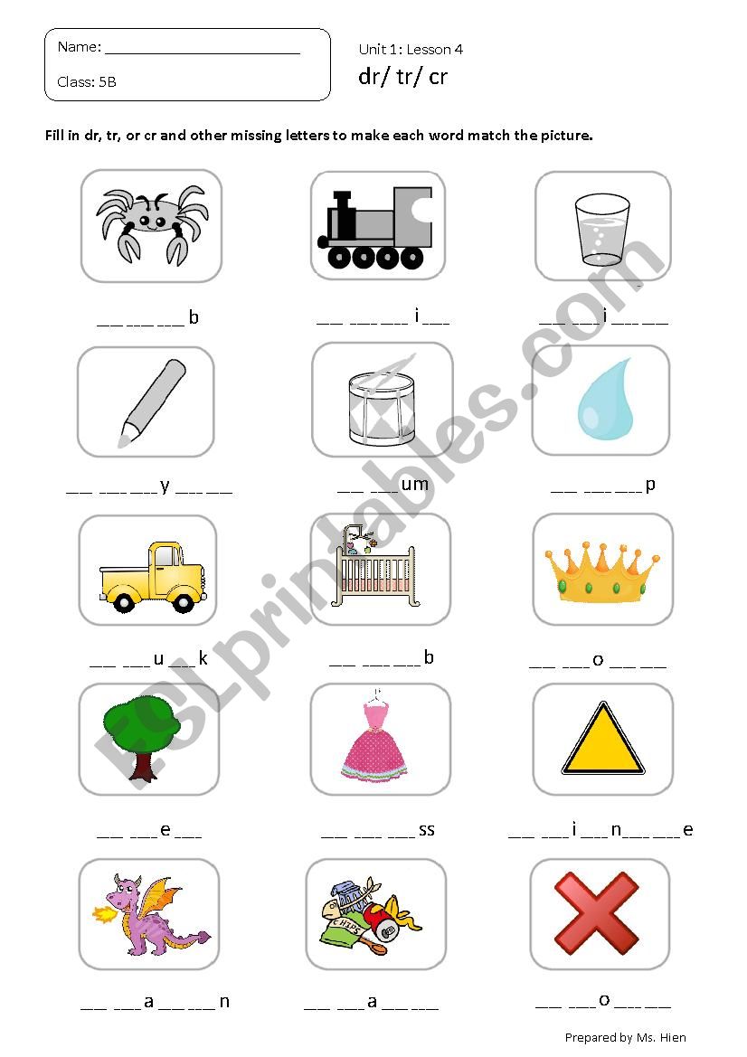 Blend consonants DR - CR - TR - Phonics worksheets