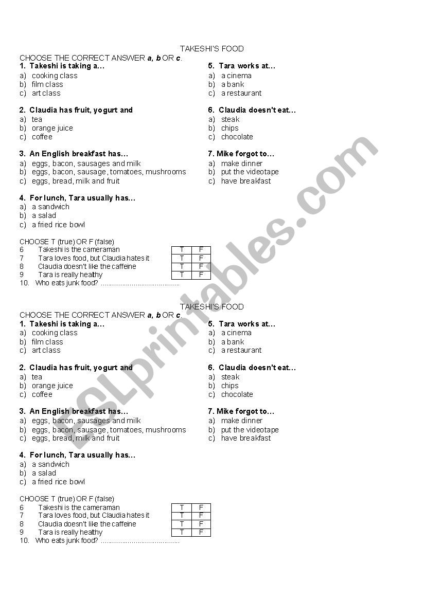 listening about food worksheet