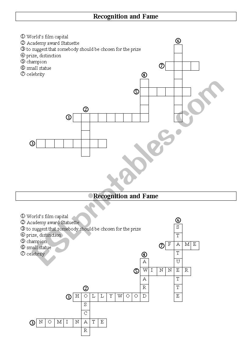 Recognition and fame - crosswords