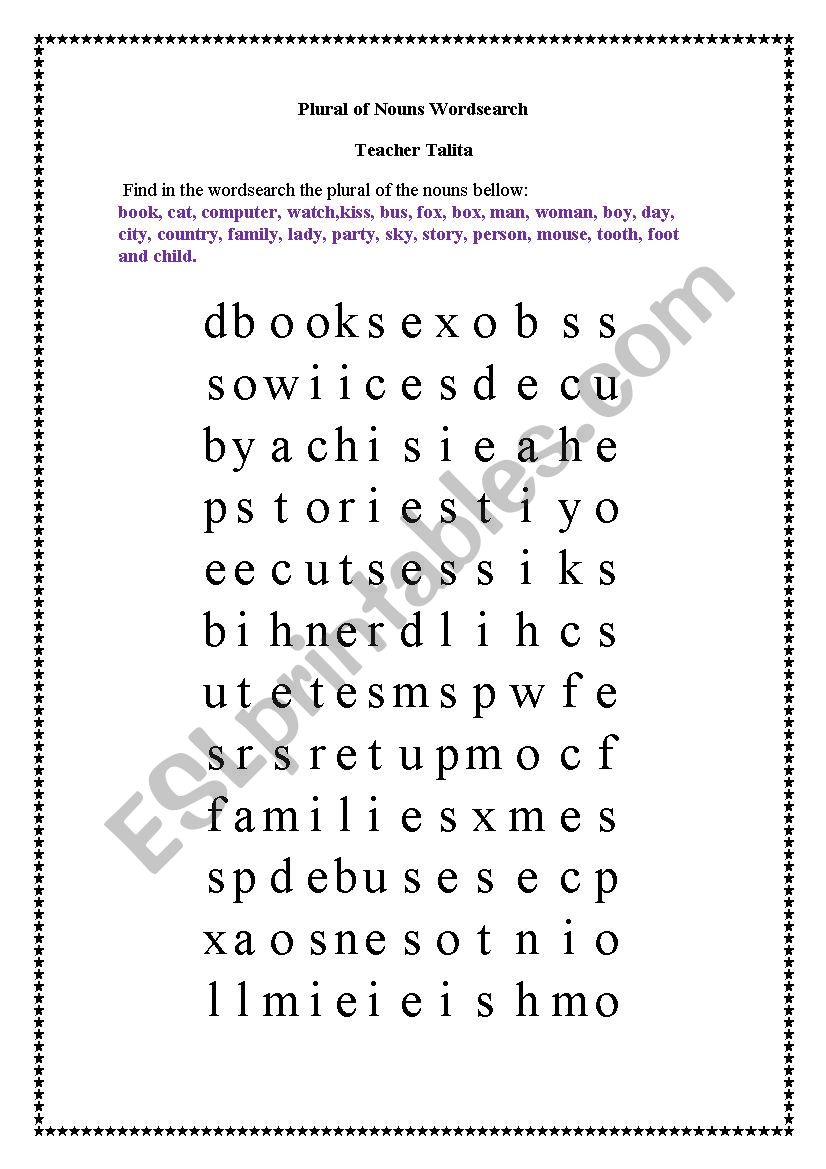 Plural of nouns wordsearch worksheet