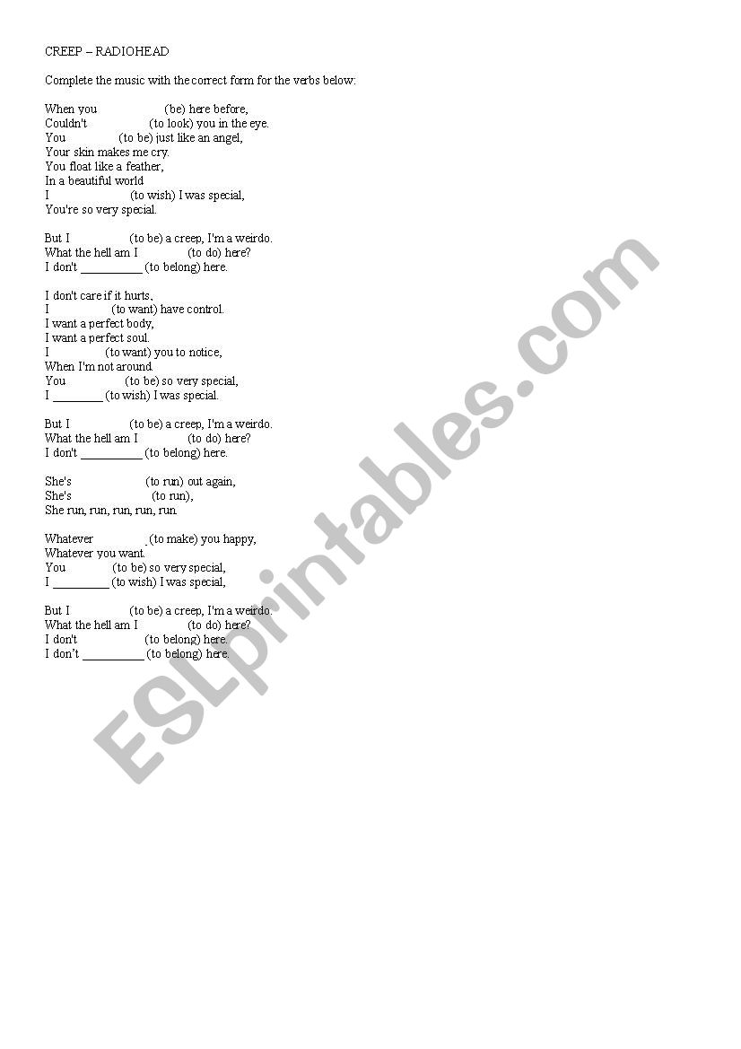 Creep - Verbs worksheet