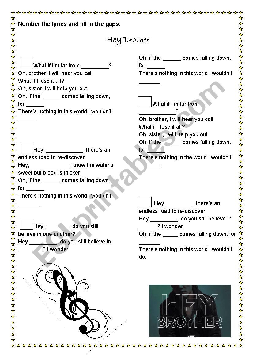 Hey Brother - Song worksheet worksheet