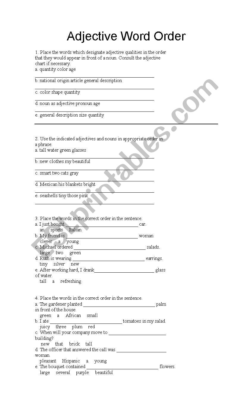 Adjective Word Order worksheet