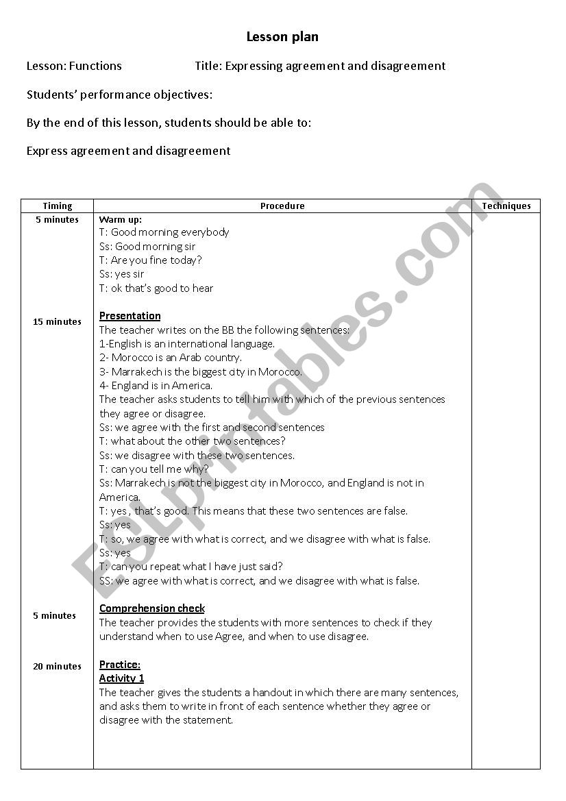 Lesson plan for teaching functions( agreement and disagreement)