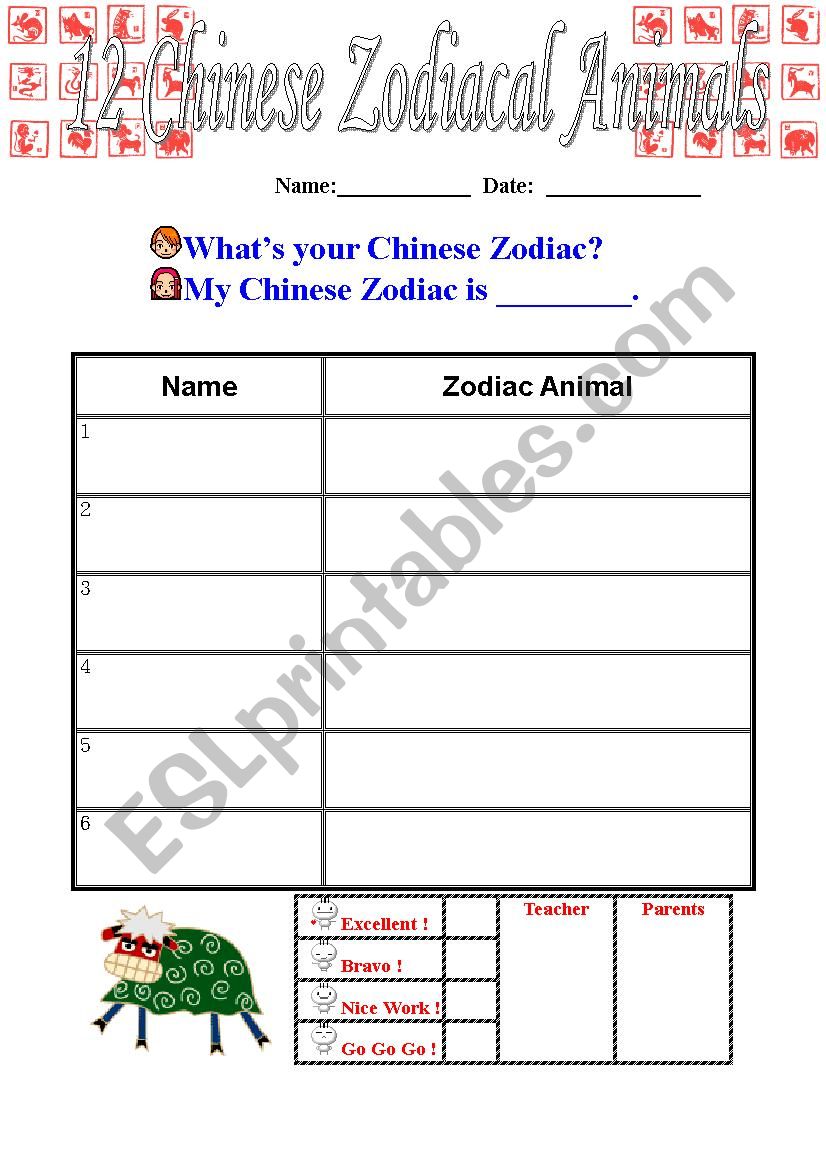 12 Zodiacal Animals worksheet