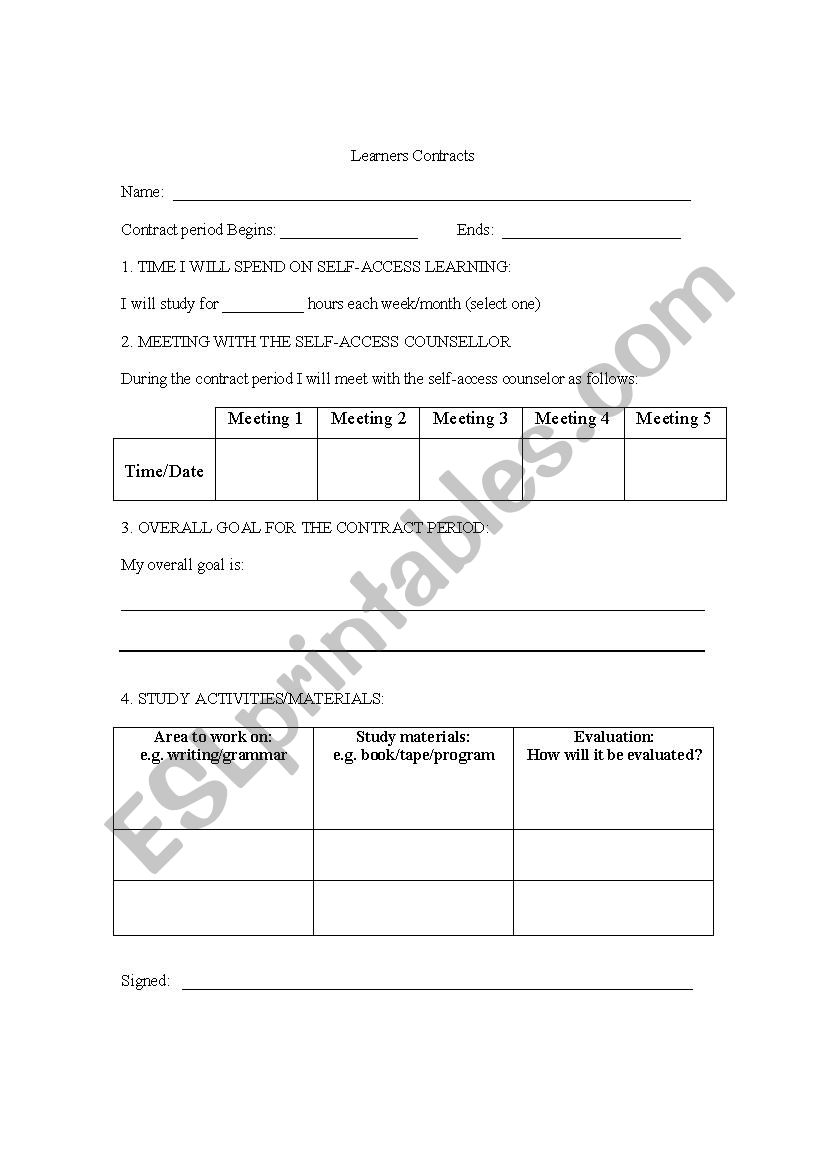Word Web, learner contract worksheet