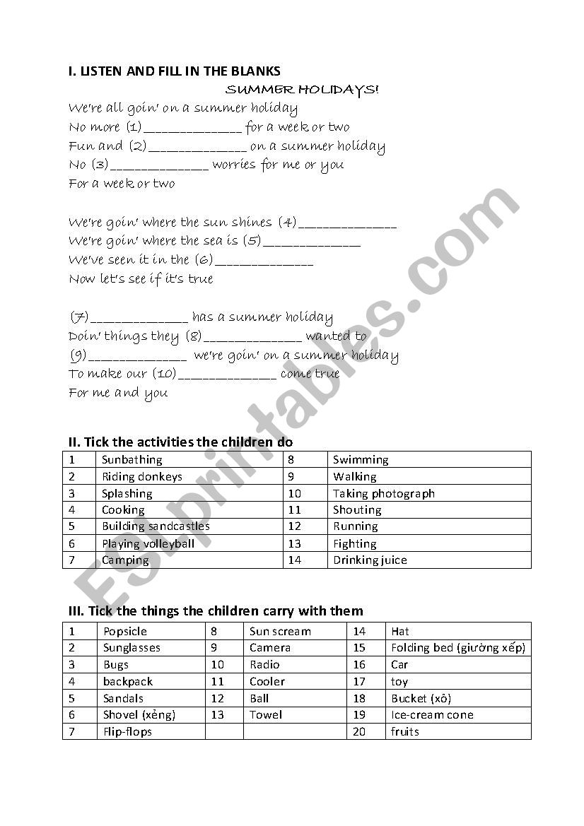 SUMMER HOLIDAY worksheet