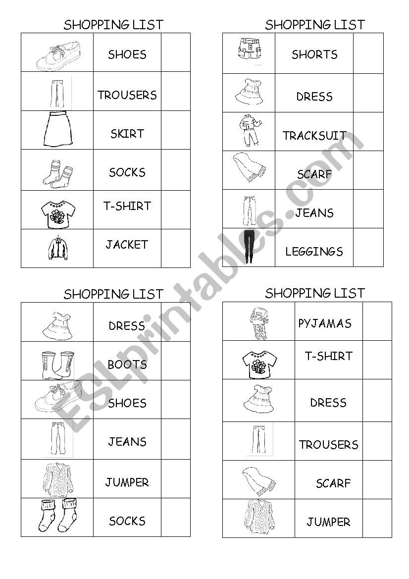 Clothes Shopping List worksheet