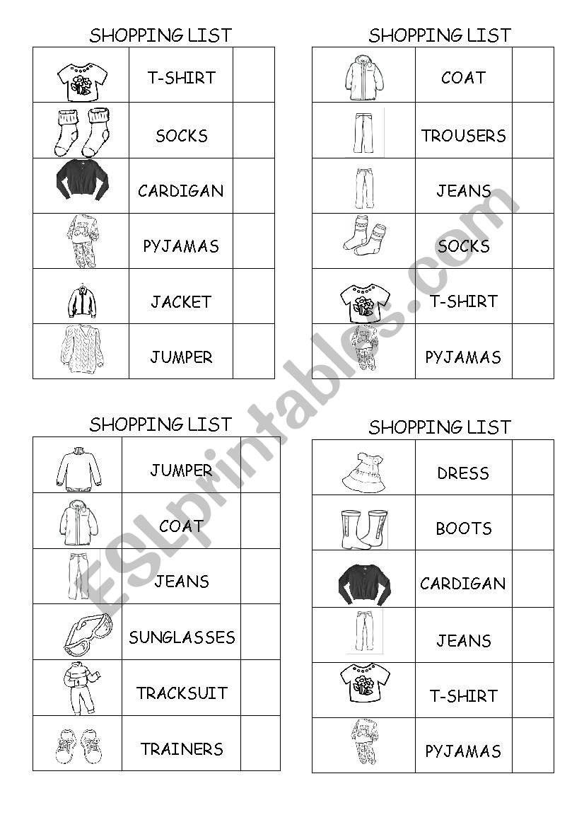 Clothes Shopping List 2 worksheet
