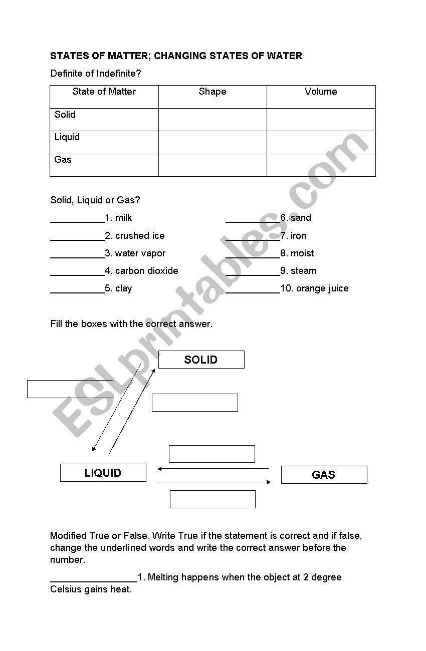 States of Matter and the Changing States of Water - ESL worksheet Pertaining To Change Of State Worksheet