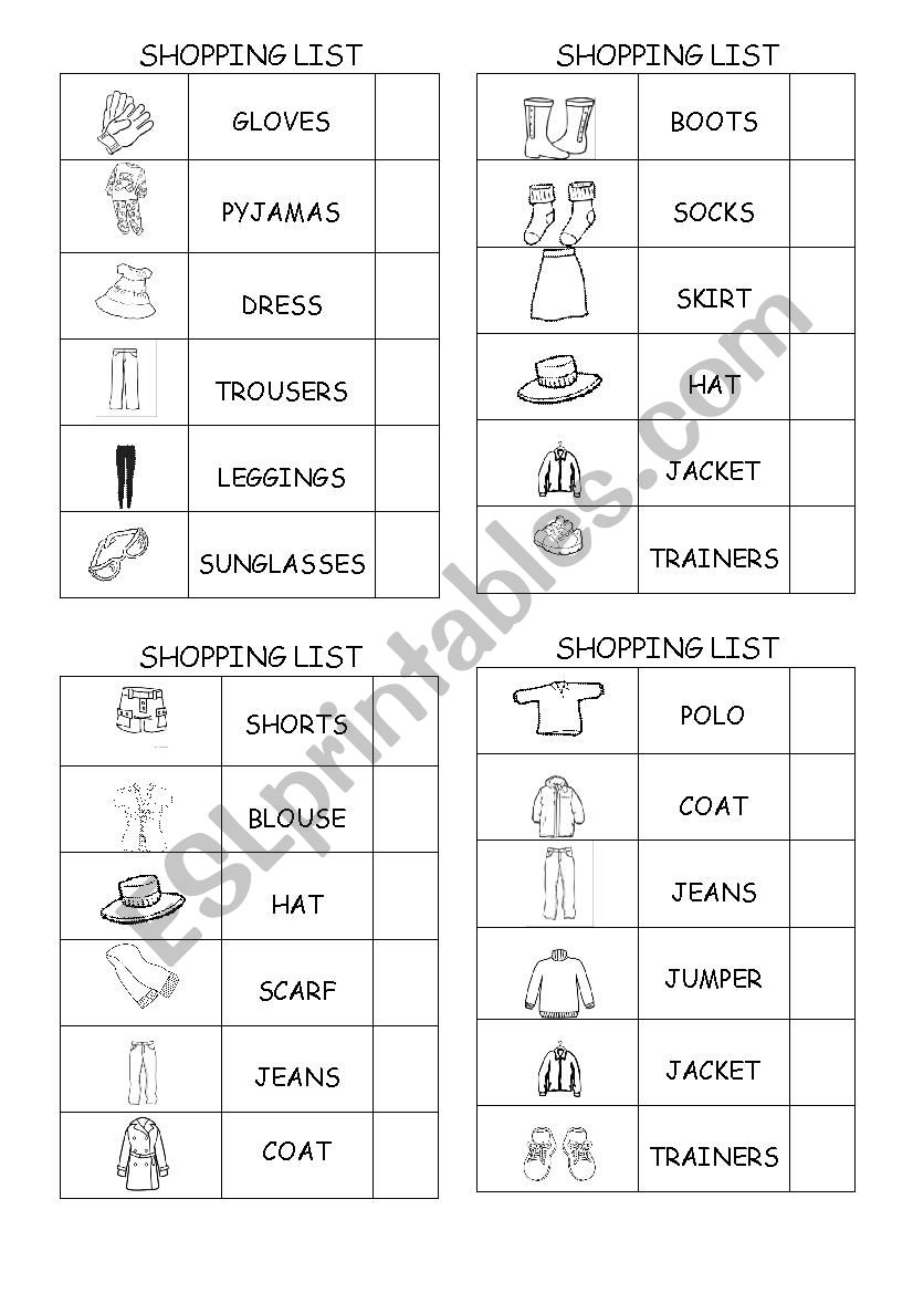 Clothes shopping list 3 worksheet