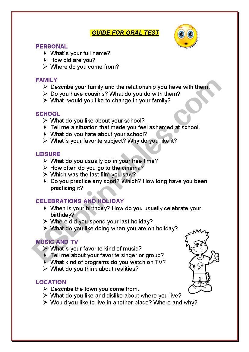Guide for oral test worksheet