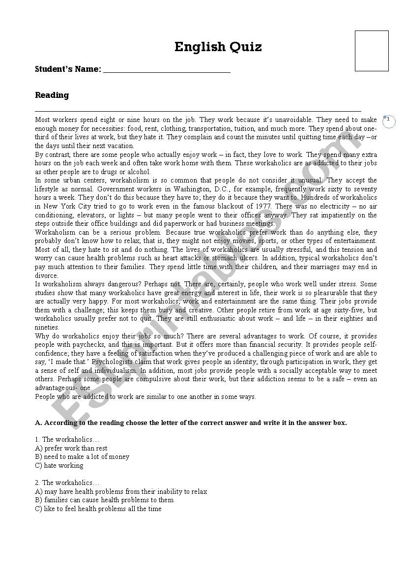 English Quiz - Mix Tenses and Reading