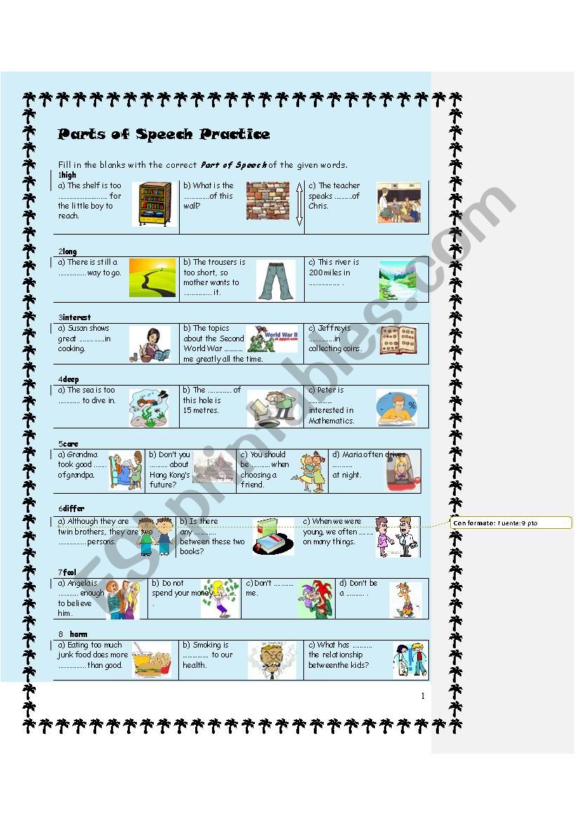 Parts of speech practice worksheet