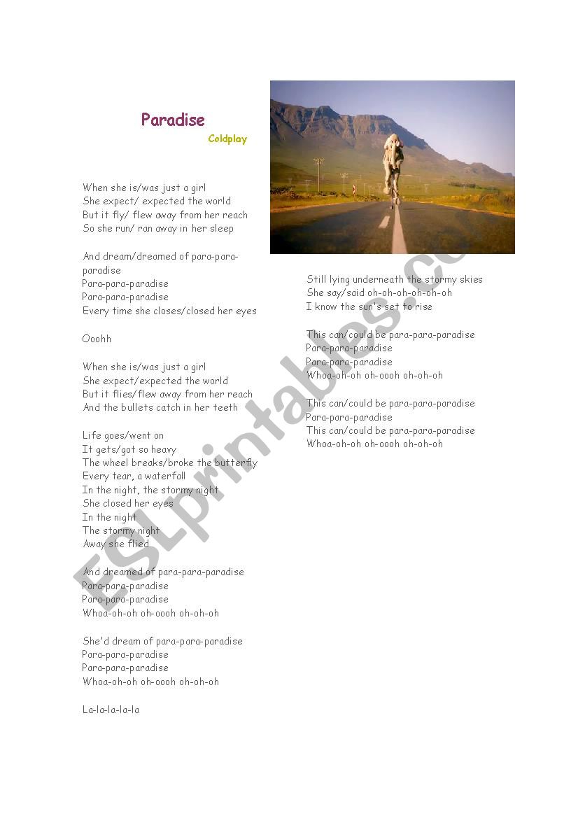 Paradise by Coldplay worksheet