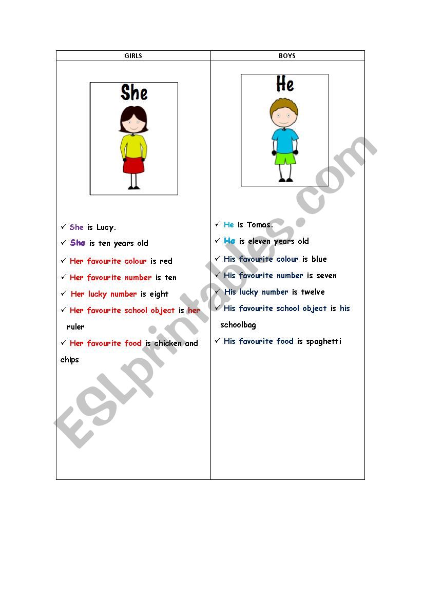 He versus she worksheet