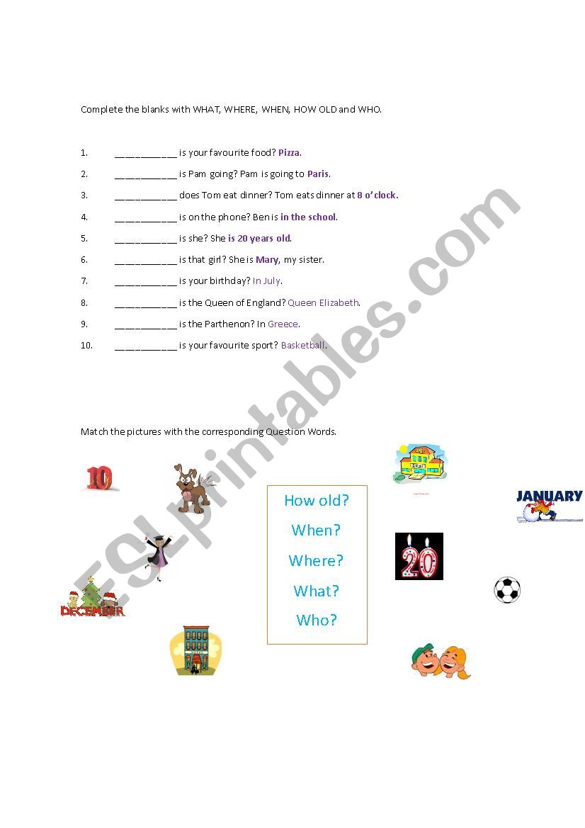 wh question words esl worksheet by ari 13