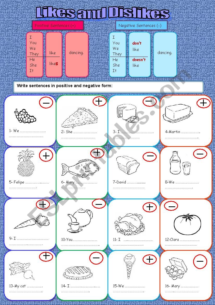 Like or Dislikes worksheet