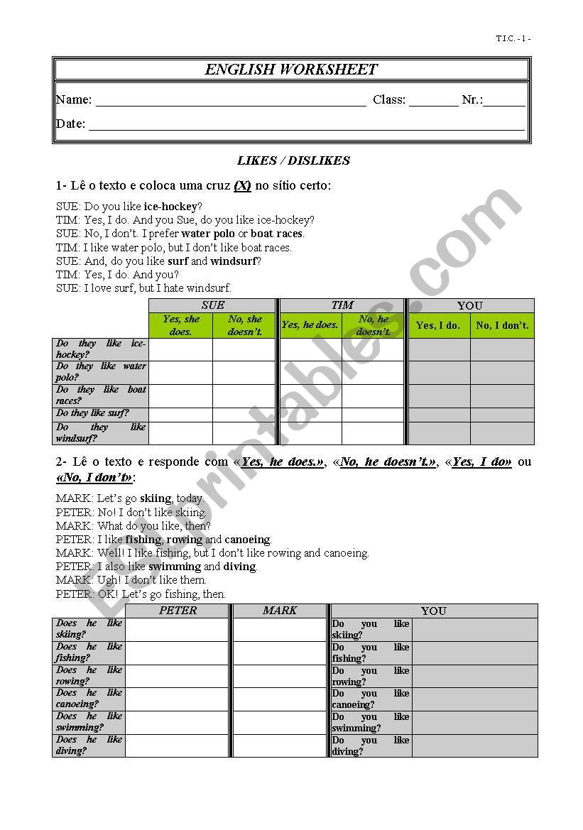 Likes-Dislikes-Water Sports worksheet