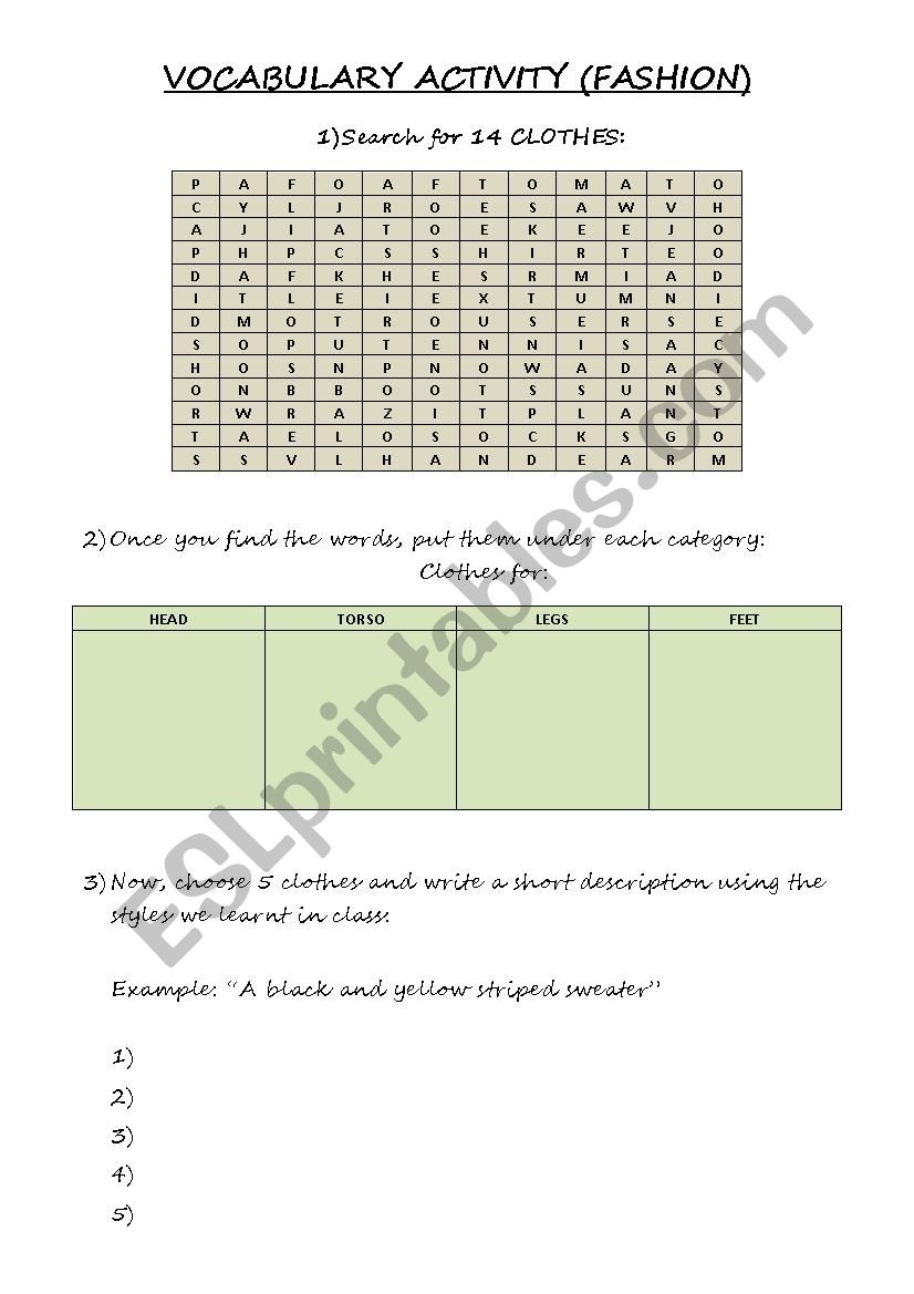 Vocabulary activity. Fashion (clothes & styles)