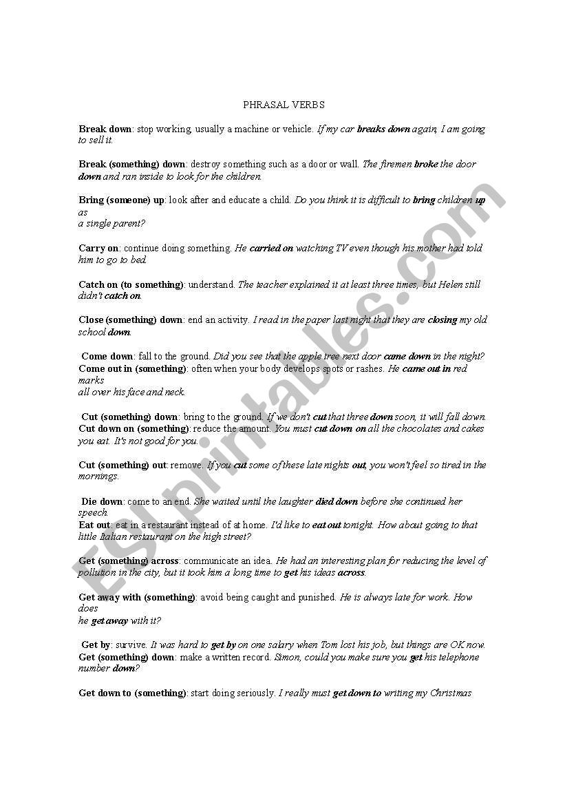 List of Phrasal Verbs worksheet