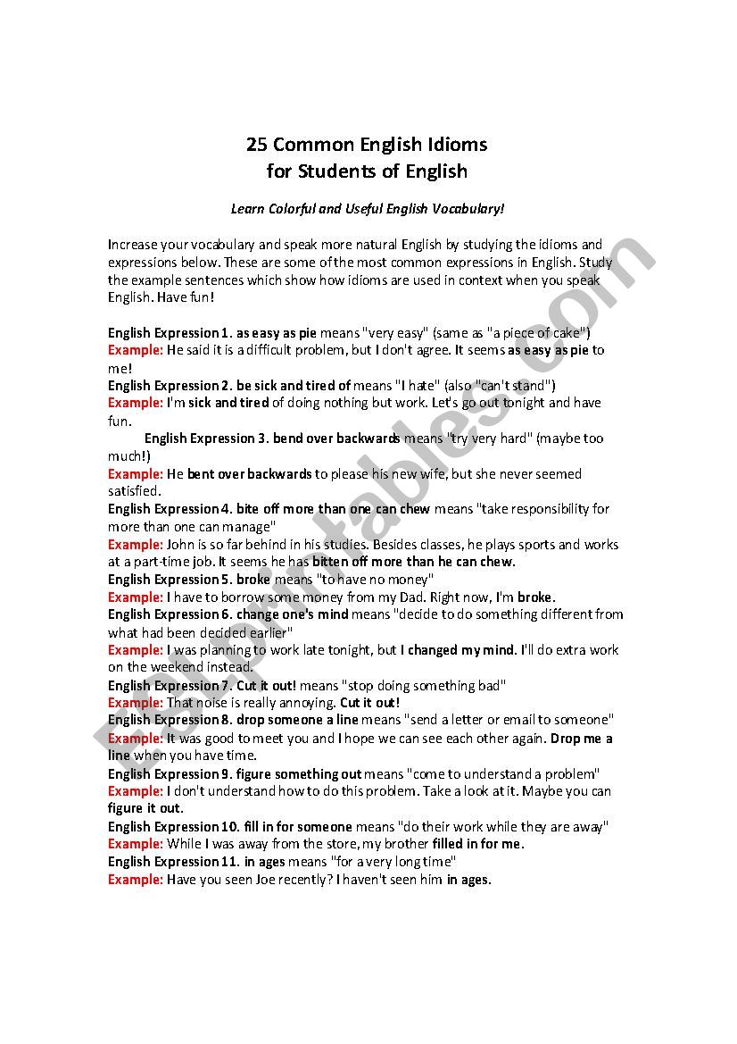 Common English Idioms worksheet