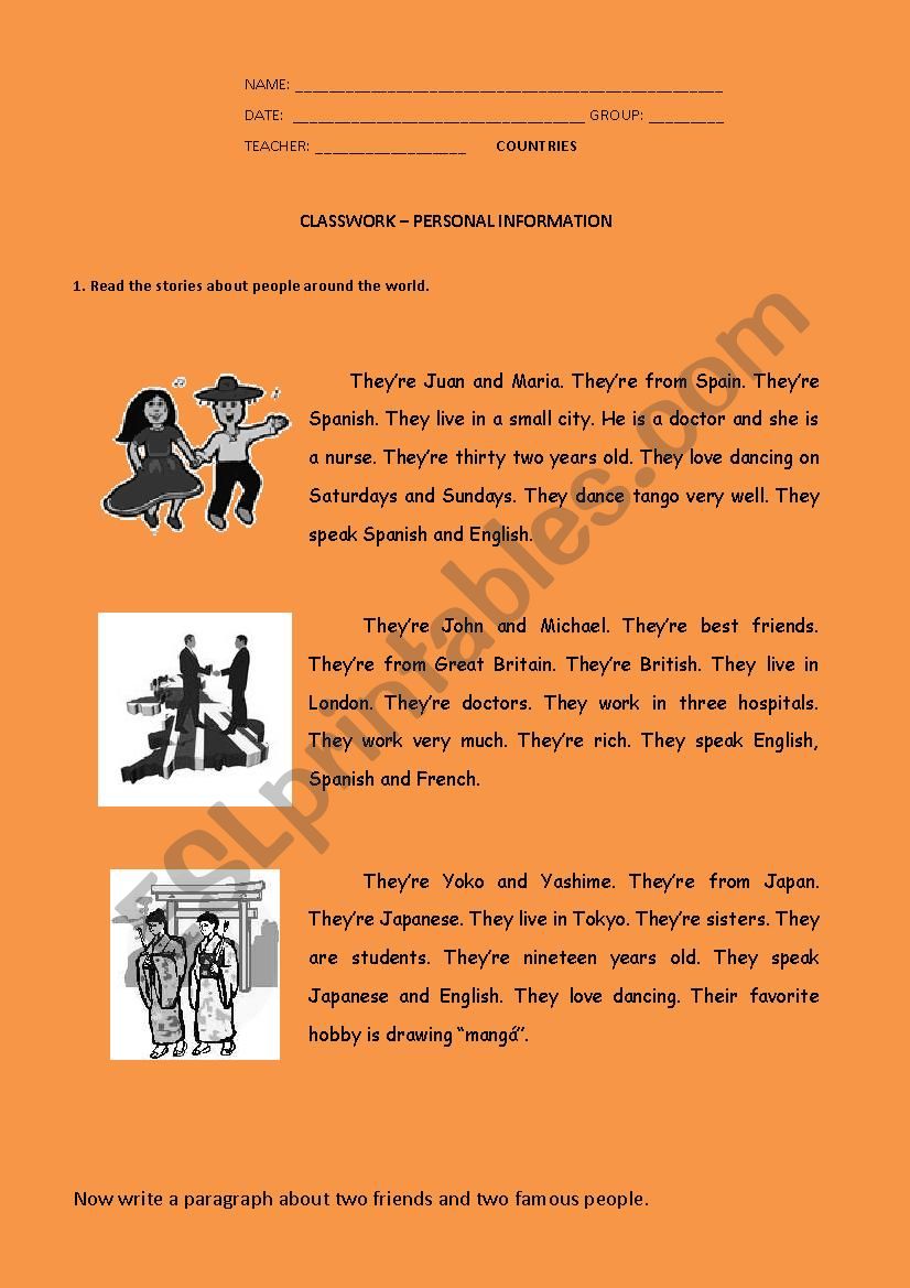 Personal Information plural worksheet