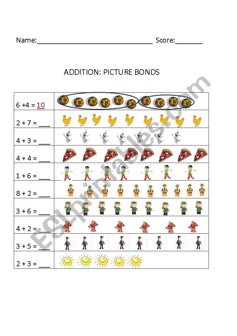 Addition: Picture Bonds 1-10 worksheet