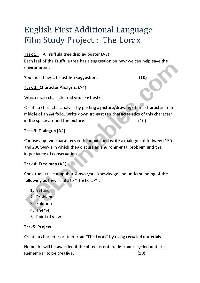 Film study: The Lorax worksheet
