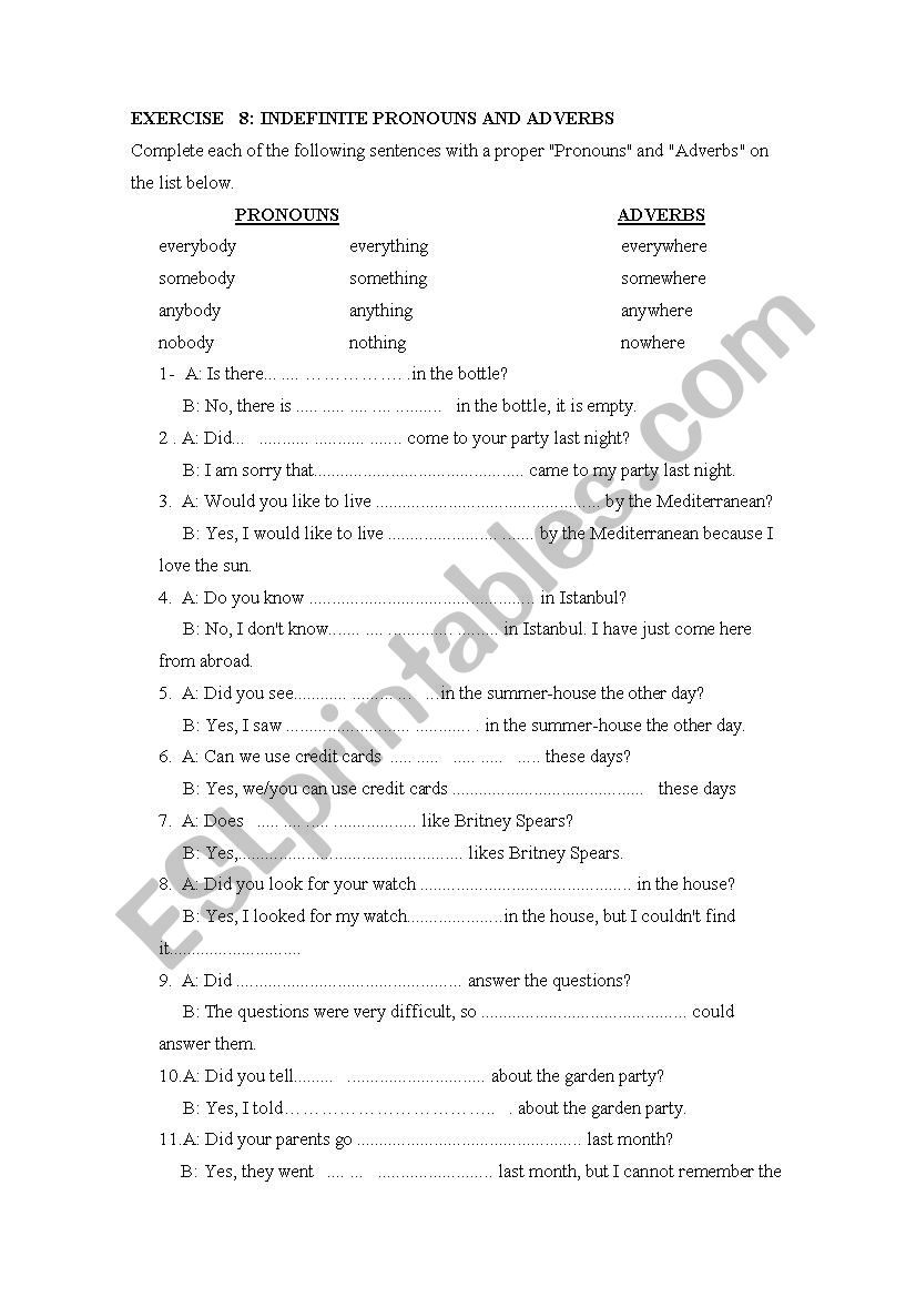 indefinitive pronouns worksheet