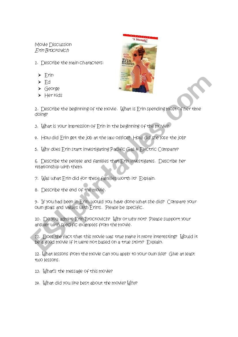 Erin Brockovich (Movie) worksheet