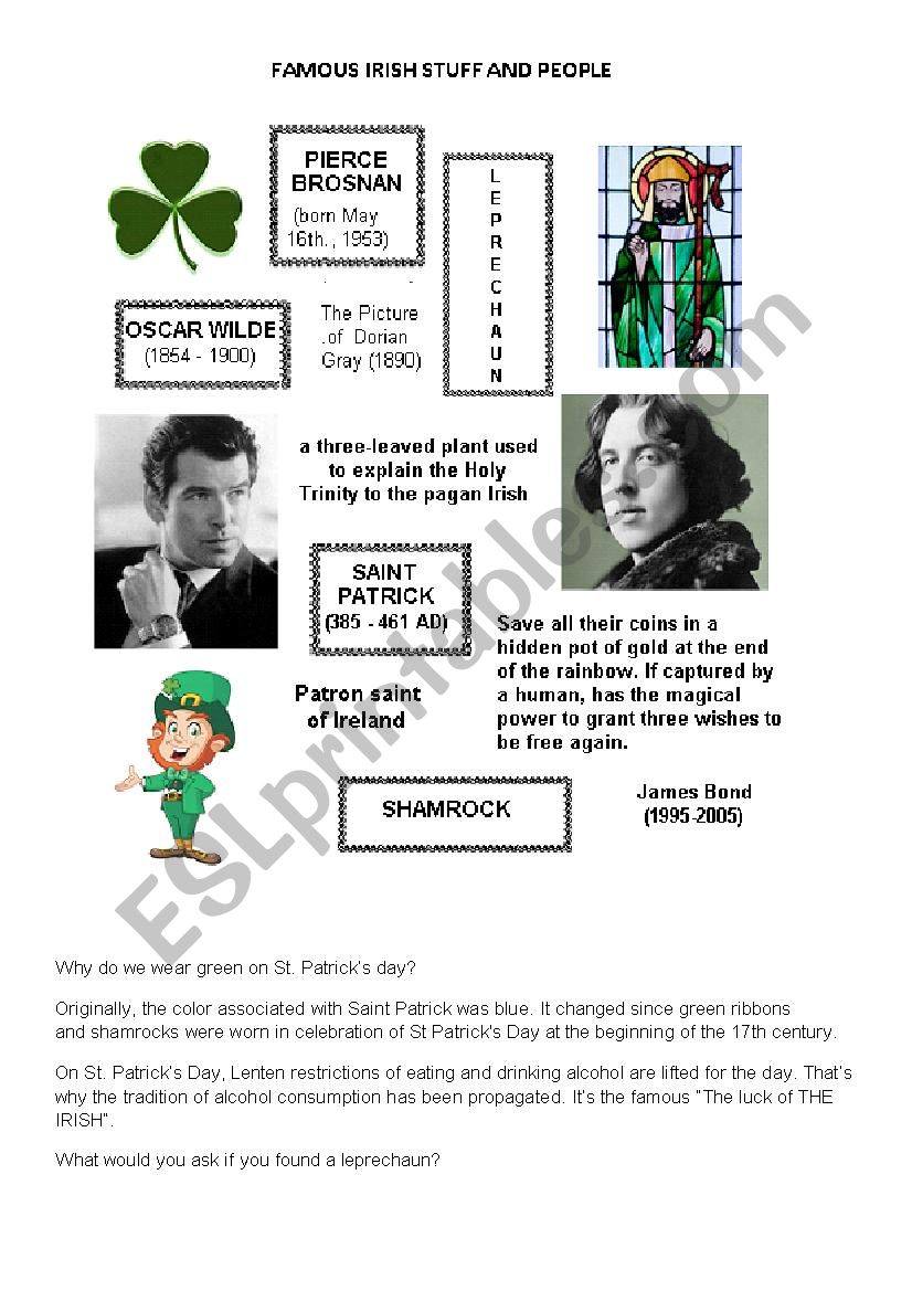 Famous Irish People and Stuff worksheet