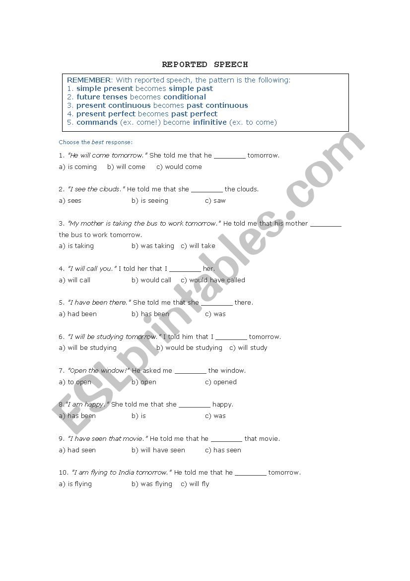 Reported speech worksheet