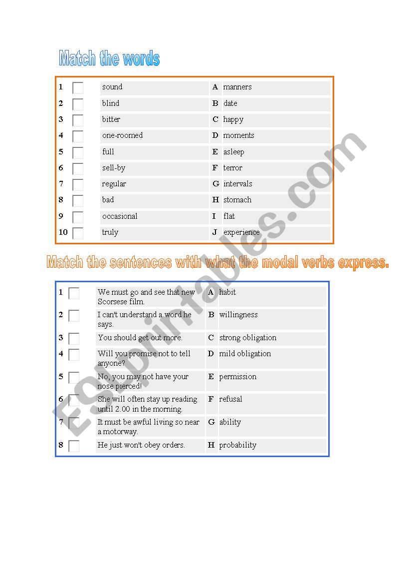 Modals word matching worksheet