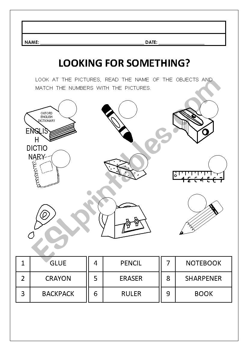 School Supplies  worksheet