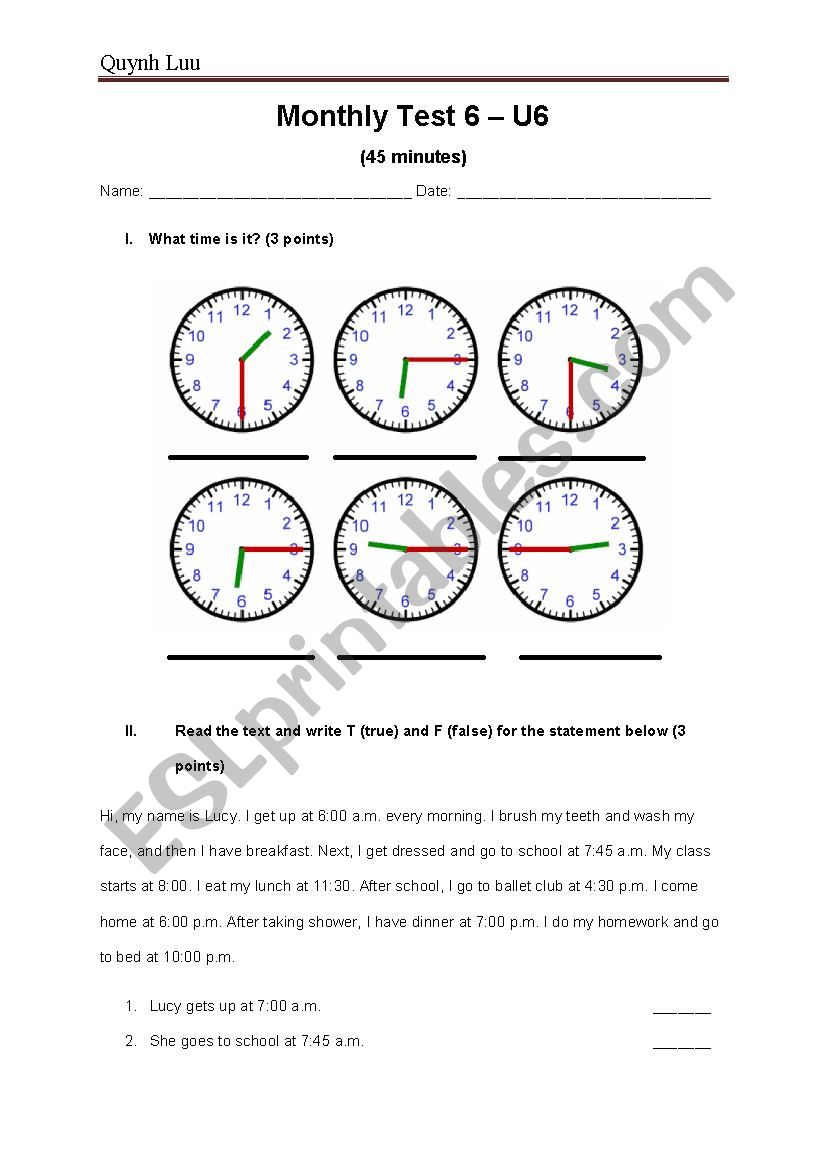 Monthly Test for Backpack 2 worksheet