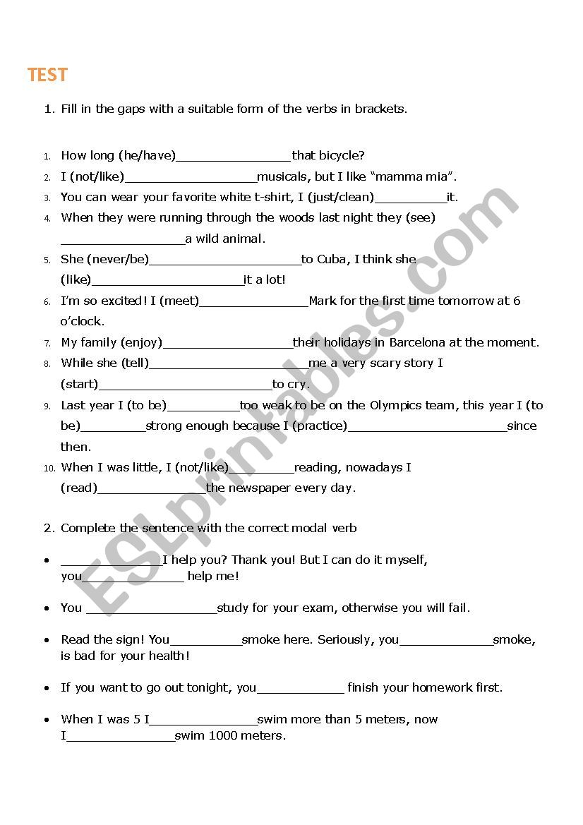 Grammar test worksheet