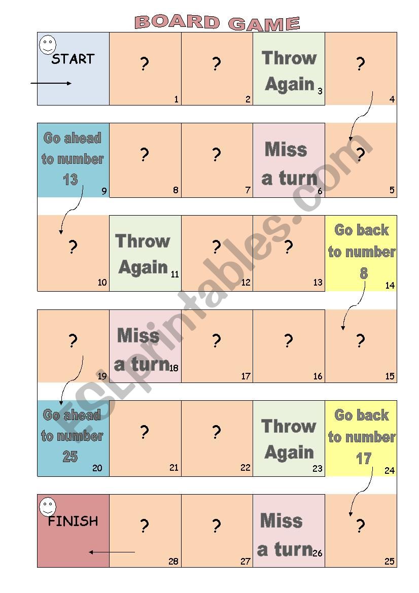 Board game and question cards worksheet