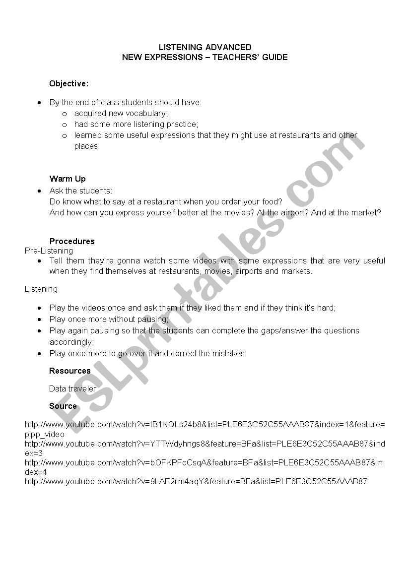 LISTENING ADVANCED/INTERMEDIATE - EXPRESSIONS AND SLANGS