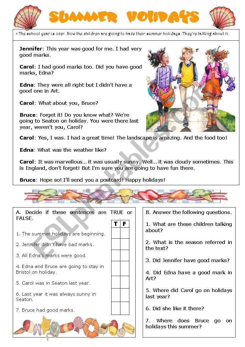 summer holidays reading comprehension esl worksheet by sarasantos