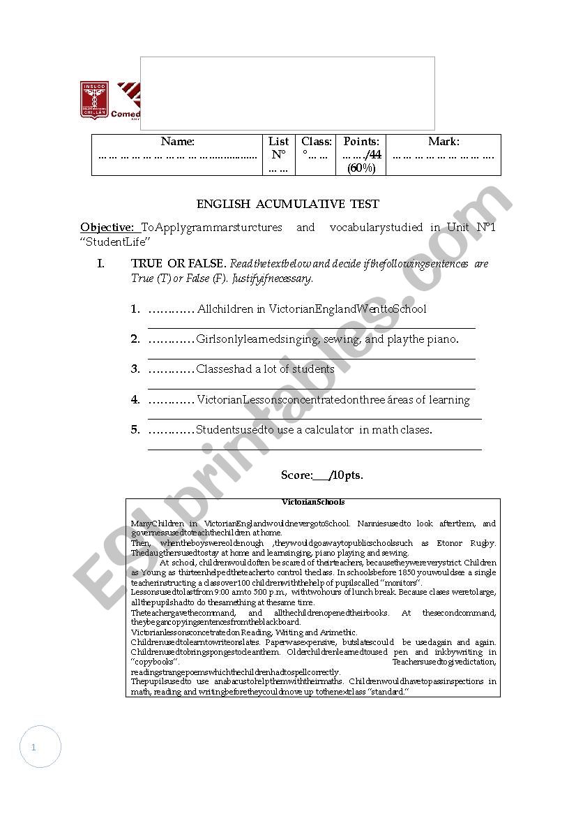 English Test  Sophmore  year 2014 Chile