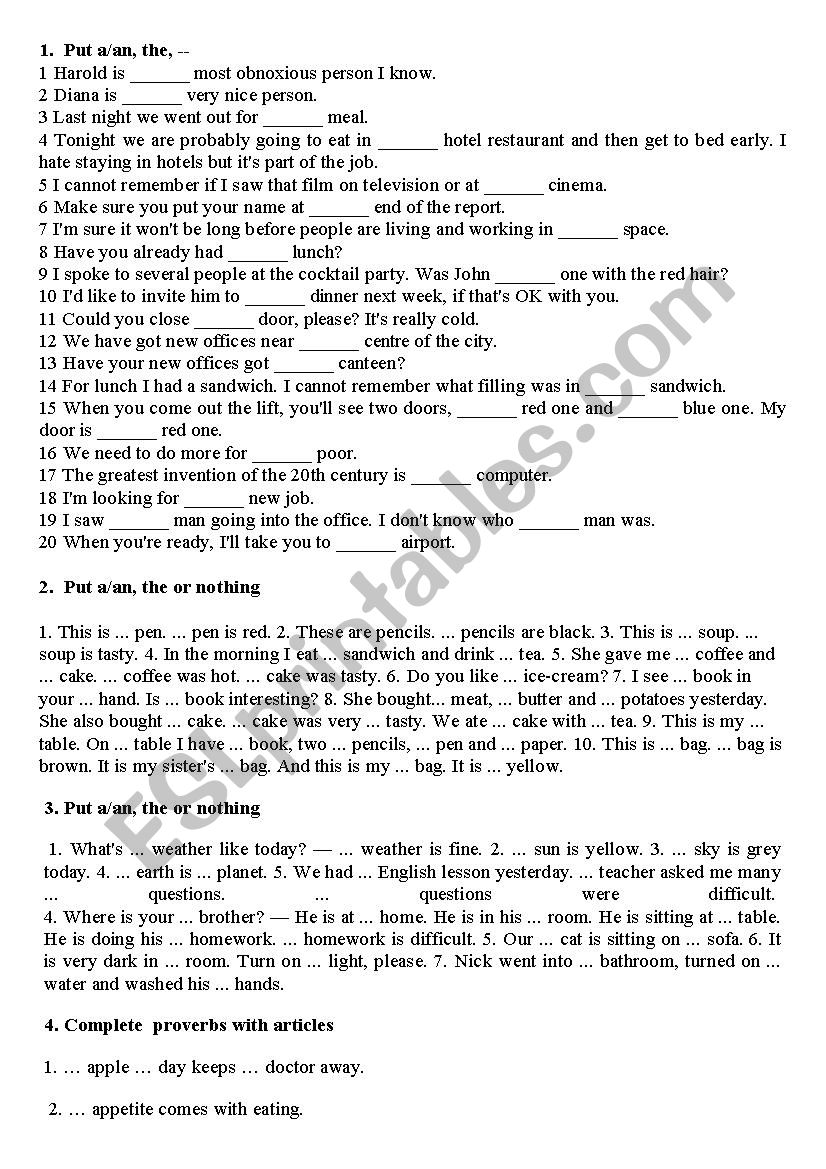 Articles worksheet
