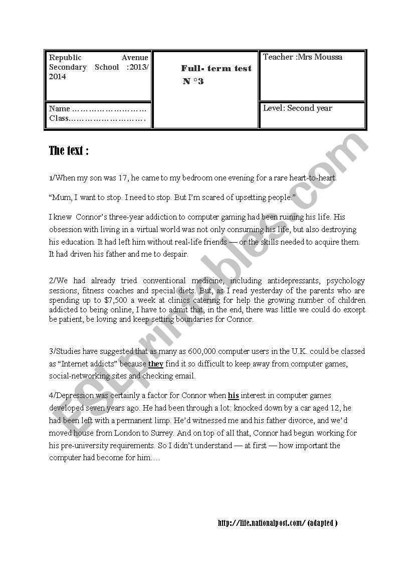 FULL TERM TEST SECOND YEAR  worksheet