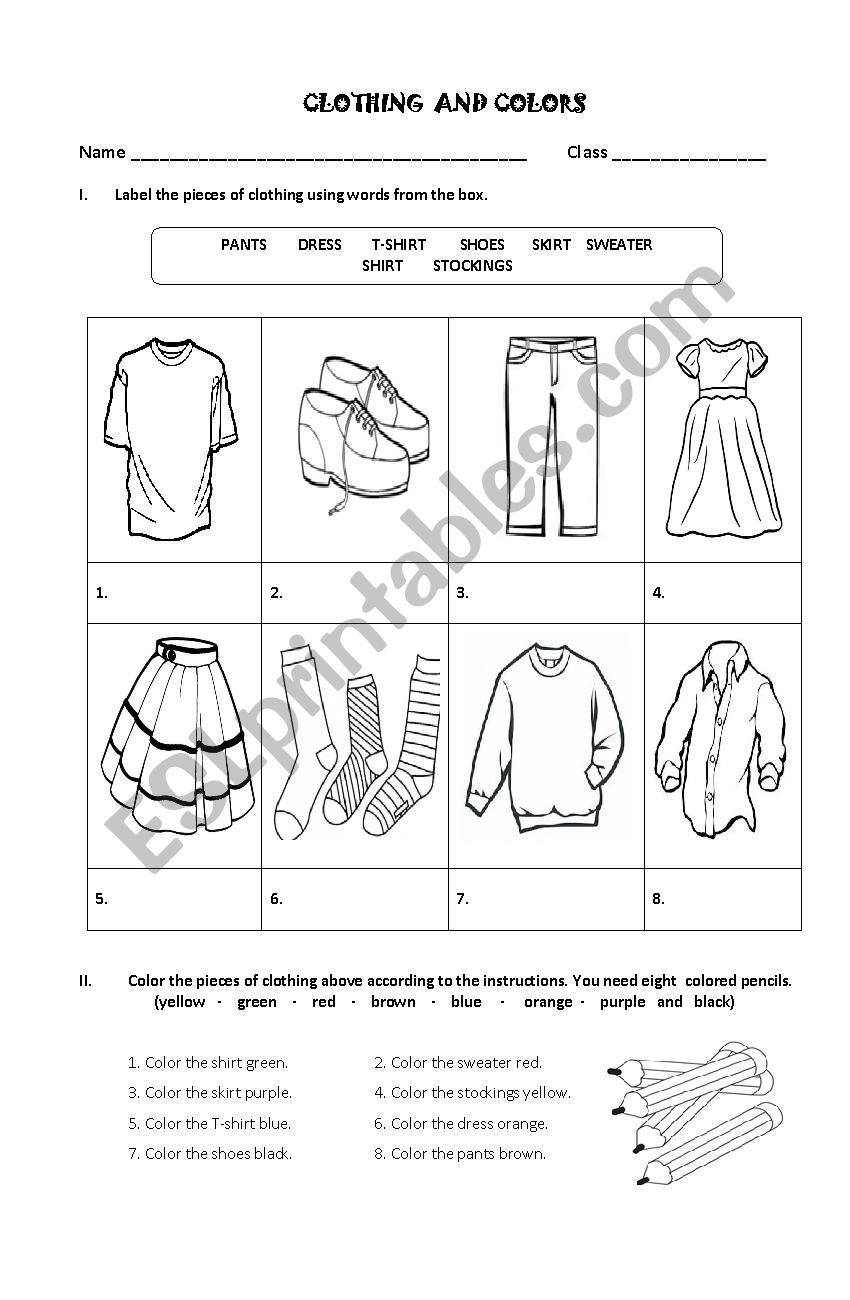 Clothing and colors worksheet