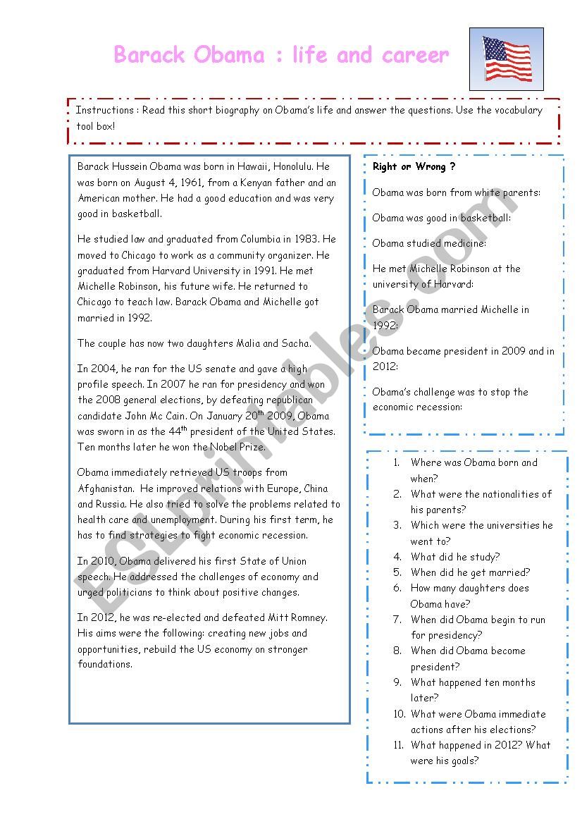 Barack Obama: life and career worksheet